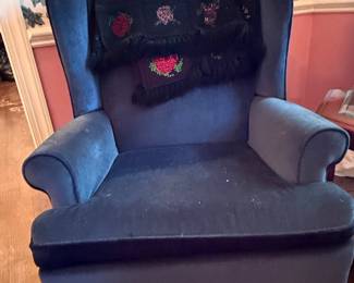 Blue Velvet Wingback Chair with Embroidered Throw