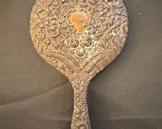 Sterling Silver Repoussé Hand Mirror with Floral Motifs and Monogram
