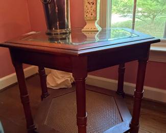Faux Bamboo Mahogany Octagonal Side Table with Glass Top and Cane Shelf
