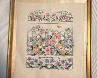 Vintage Floral Garden Cross-Stitch Art, Dated 1990