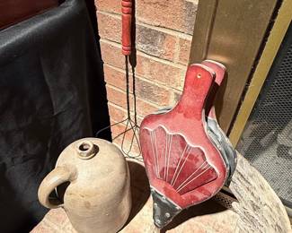 Vintage Stoneware Jug and Red Decorative Fireplace Bellows