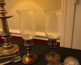 Pair of Early 20th Century Silver Plated & Etched Flowers & Leaves Hurricane Candle Holders