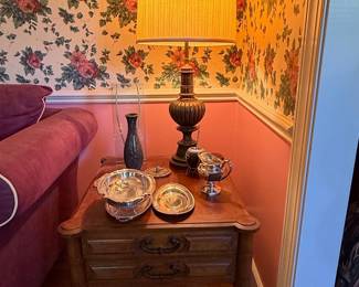 Victorian Style Walnut Side Table with Silverplate Serving Set