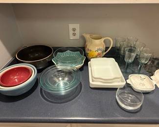 Assorted Kitchenware Lot including Pyrex and Vintage Floral Pitcher