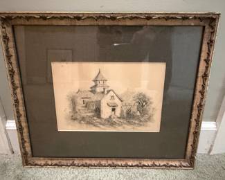 Antique 19th Century Pencil Drawing of Cottage and Stone