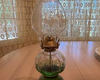 Victorian Etched Glass Oil Lamp with Green Depression Glass Font