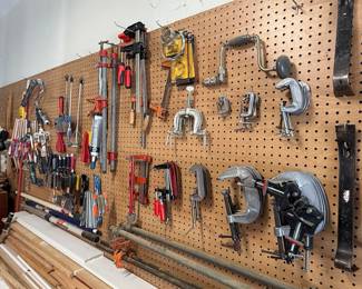Assorted Woodworking Clamps, Brace and Bit Set, and Pegboard Storage