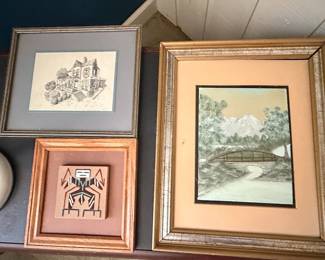 Framed Southwestern Sand Painting and Landscape Painting