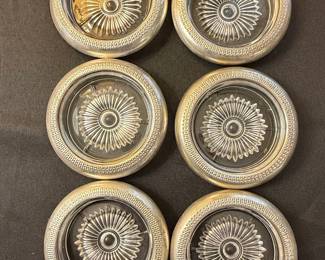 Set of 6 Vintage Leonard Crystal and Silver Plate Coasters