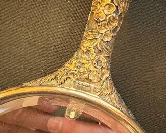 Sterling Silver Repoussé Hand Mirror with Floral Motifs and Monogram