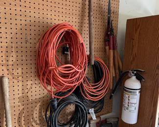 Assorted Garden Tools, Extension Cords, and Fire Extinguisher