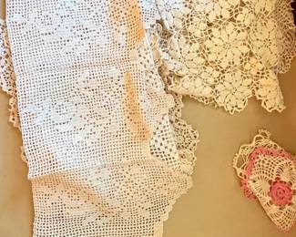 Collection of Vintage Crochet Doilies and Table Runner with Pink Roses