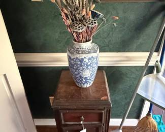 Blue and White Chinoiserie Porcelain Vase with Dried Floral Arrangement
