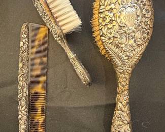 Sterling Silver Floral Repoussé Comb and Brush Set