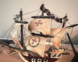 Vintage Wood Carved Ship SANTA MARIA Canvas Sails