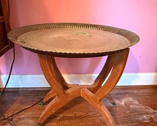 Vintage Moroccan Brass Tray Table with Mahogany Spider Base