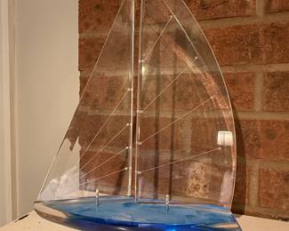 Modern Acrylic Sailboat Sculpture with Blue Resin Base