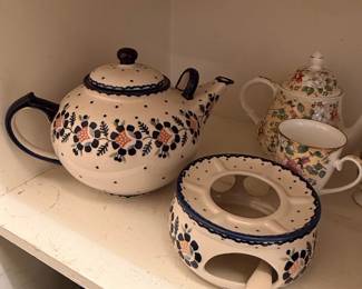 Polish Pottery Teapot and Warmer Set - "Peacock" Pattern