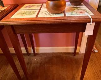 Vintage Tile Top Side Table with Wooden Bowls