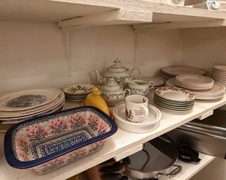 Polish Pottery Rectangular Casserole Dish, White Ceramic Tea Set, Peter Rabbit Mug, and Decorative Plates