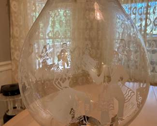 Victorian Etched Glass Oil Lamp with Green Depression Glass Font