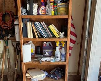 Wooden Bookshelf with Assorted Contents