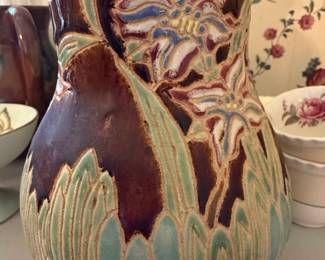Art Nouveau Majolica Ceramic Vase with Floral Motif
