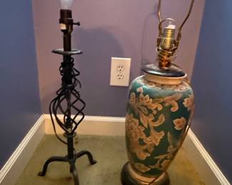 Vintage Chinoiserie Porcelain Ginger Jar Table Lamp and Black Metal Floor Lamp