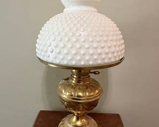 Vintage Hobnail Milk Glass Hurricane Lamp with Ornate Brass Base