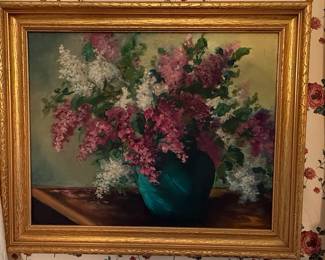 Oil Painting of Lilacs in a Vase, Mid-20th Century