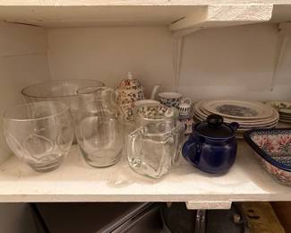 Assorted Ceramic and Glass Tableware with Blue and White Pottery