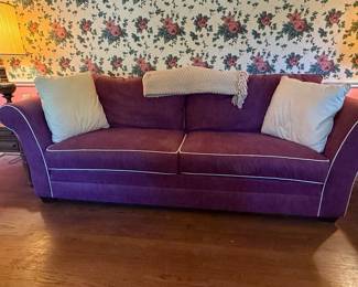 Burgundy Velvet Sofa with White Piping