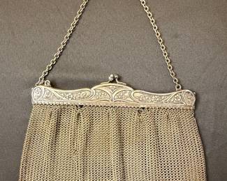 Antique German Silver Mesh Evening Bag with Floral Repoussé Frame