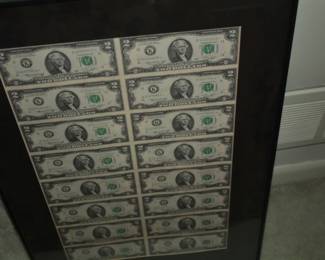 UNCUT $2 BILLS FRAMED NICELY