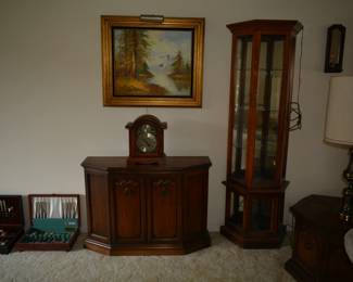 CURIO AND STORAGE CABINET, WIND-UP CLOCK, FLATWARE