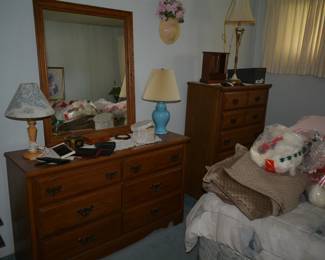 DRESSER, LAMPS, BED