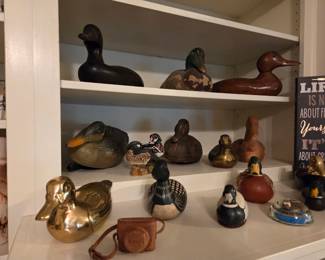 Wooden duck collection, and brass ducks