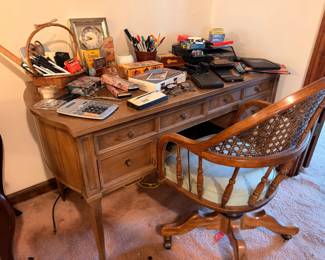 Antique Writing Desk Cane Back Swivel Chair Office