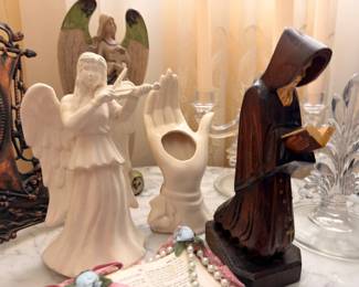 Angel Figurines Carved Wood Monk Religious Statues