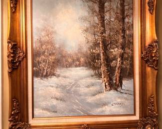 Gold Framed Winter Landscape Oil Painting Snow Trees