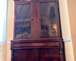 Mahogany Secretary Hutch Diamond Pane Glass Doors