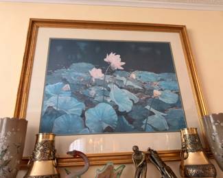 Framed Painting Lotus Water Lilies Pond Floral Art Wood Frame Wall Decor Canvas