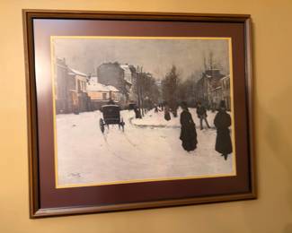 Oil Painting European Winter Village Street Scene Horse Carriage Dark Frame Art
