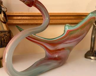 Murano Style Art Glass Sculpture Free Form Abstract Green Amber Blown Glass Decor