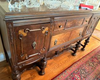 Antique Carved Buffet Sideboard Turned Legs Drawers