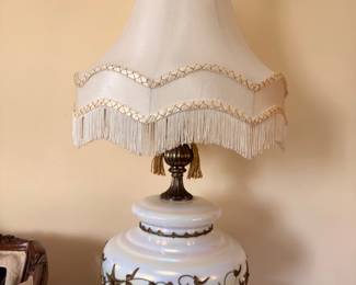 GWTW Parlor Lamp White Glass Gold Floral Fringed Shade Victorian Antique Lighting