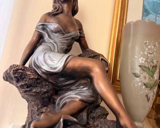 Bronze Sculpture Seated Woman Figure Patina Finish Art Nouveau Style Statue Decor