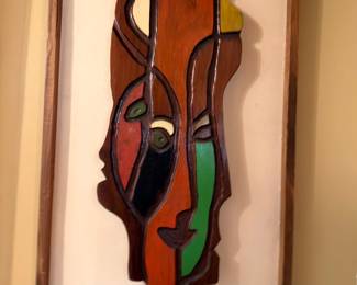 Abstract Wood Carved Face Sculpture Wall Art