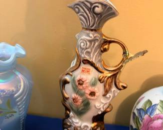 Ornate Porcelain Ewer Vase Floral Gold Accents Victorian Decorative Handle Antique