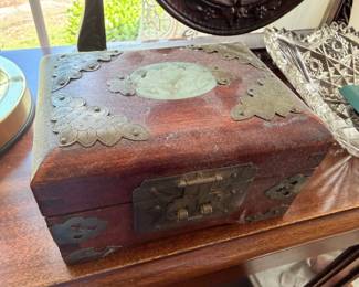 Antique Wood Jewelry Box Brass Hardware Jade Medallion